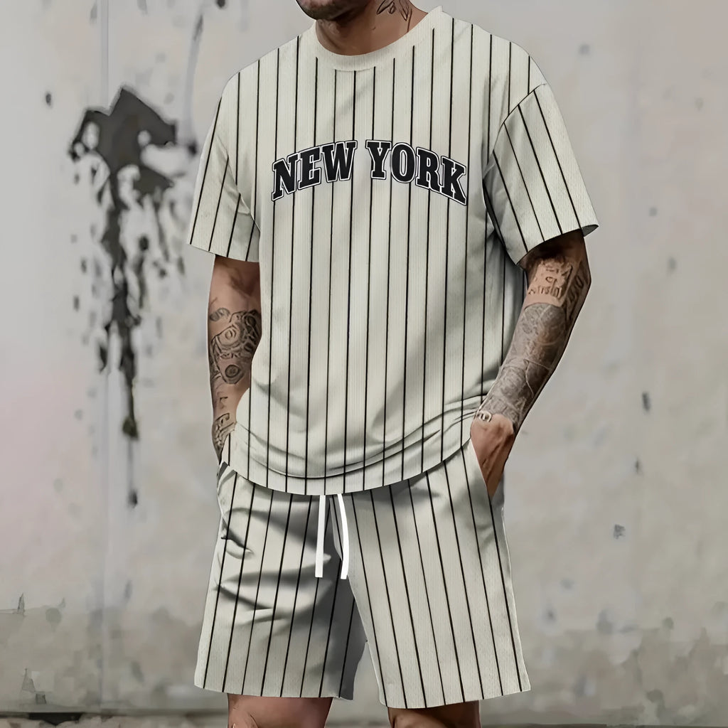 Men's 3D printed letter graphic sportswear set with short sleeve top and matching shorts