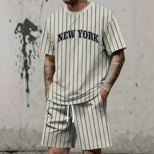 Men's 3D printed letter graphic sportswear set with short sleeve top and matching shorts