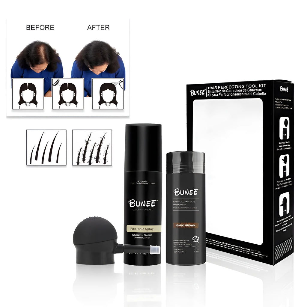 275g hair fibre powder canister, shaping spray bottle, and applicator nozzle for thickening sparse hair