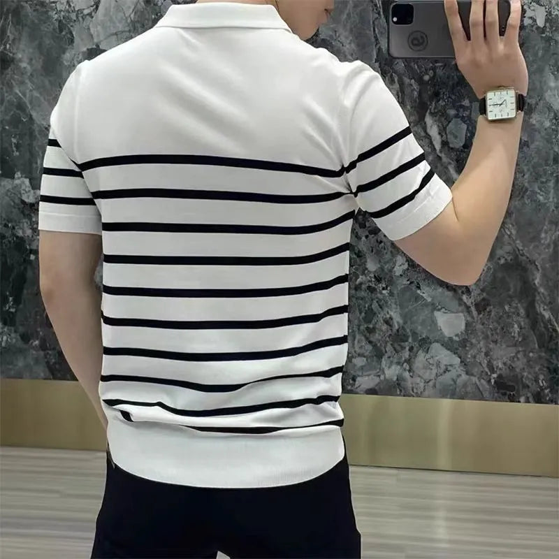 Black and white striped pullover knitted t-shirt with lapel detail and non-iron chemical fibre blend fabric
