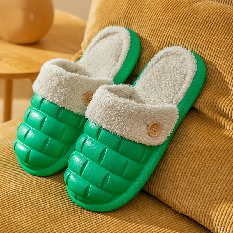 Women's EVA plush house slippers with detachable sleeves in pink, showing slip-on and overshoe wearing modes