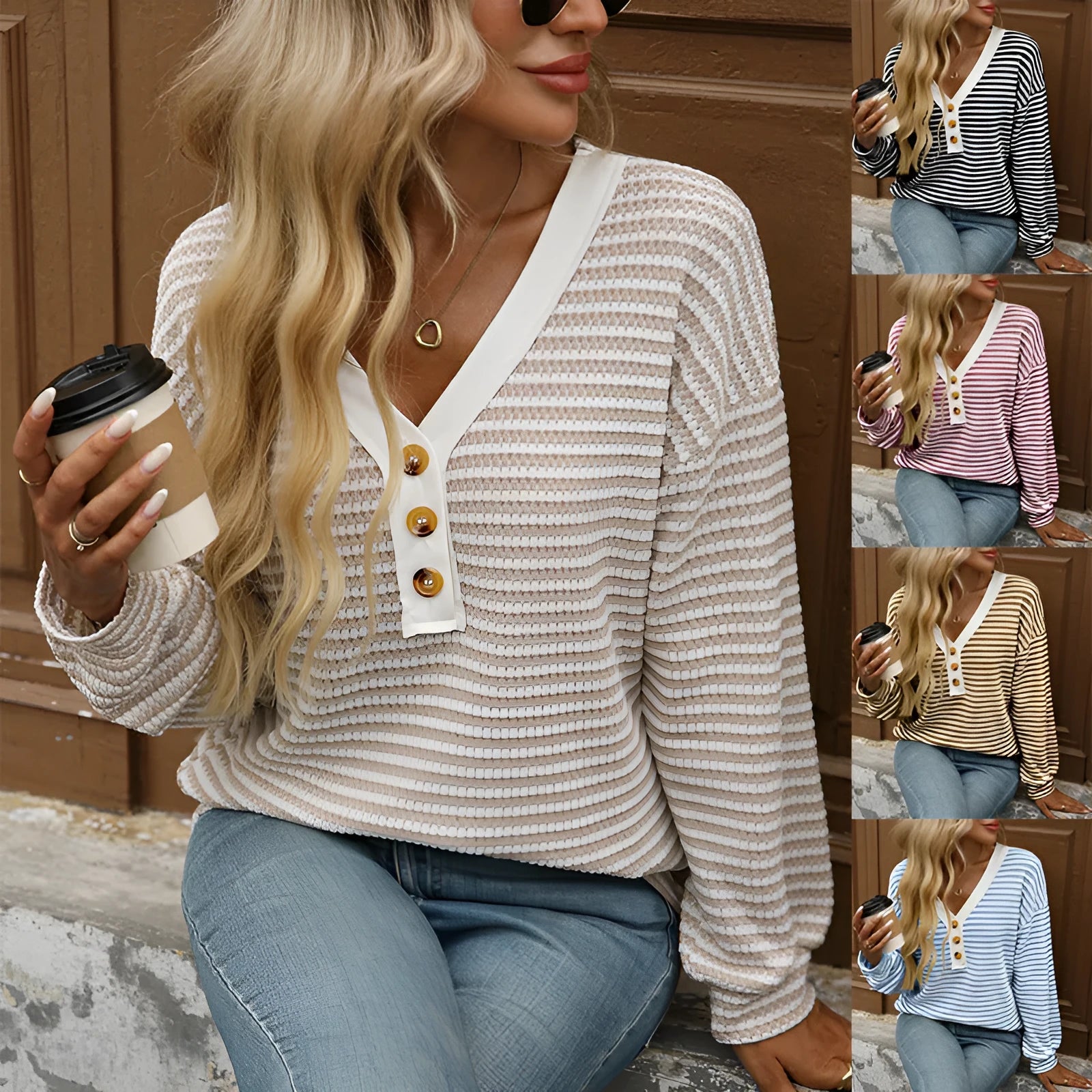 Women's V-neck patchwork pullover top in polyester with long sleeves and loose fit