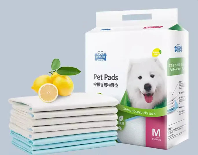 Pack of thickened dog urine pads showing size comparison between S, M, L and XL options