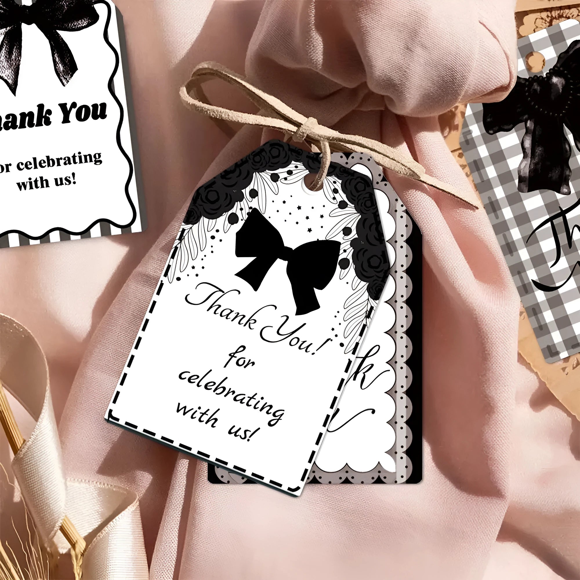 60 paper birthday gift tags with natural jute twine in three decorative bowknot styles