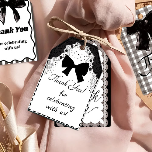 60 paper birthday gift tags with natural jute twine in three decorative bowknot styles