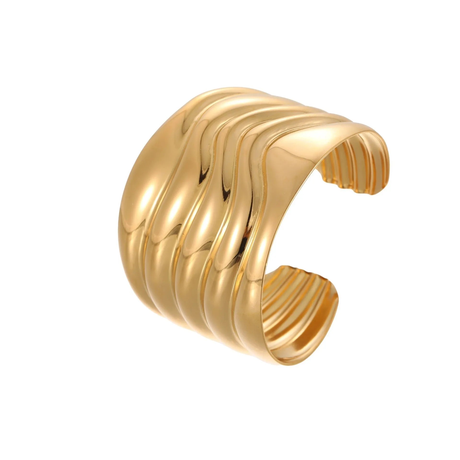 Women's gold plated stainless steel bracelet with exaggerated wide geometric wave design and niche opening