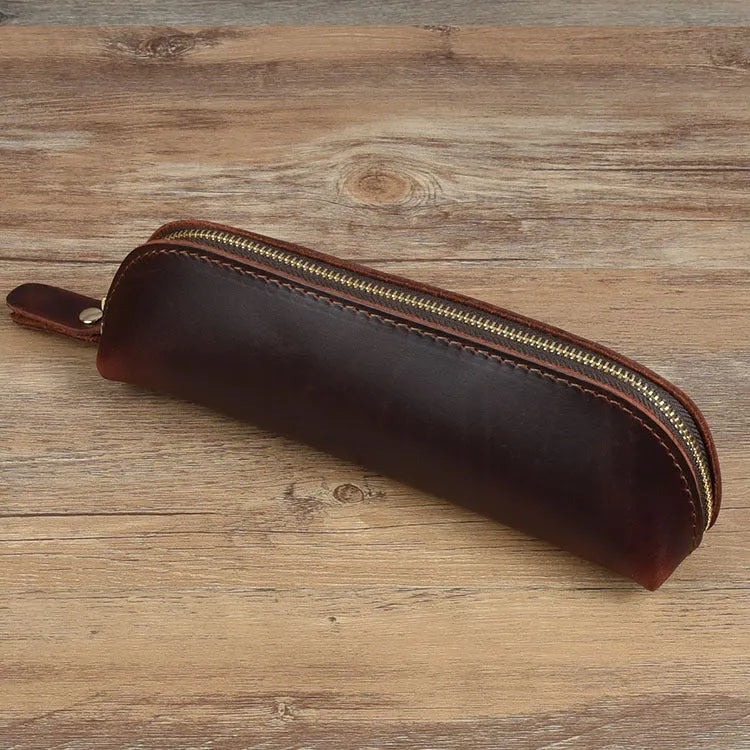 Genuine cowhide leather pencil case with square 18cm x 6cm dimensions and zipper closure