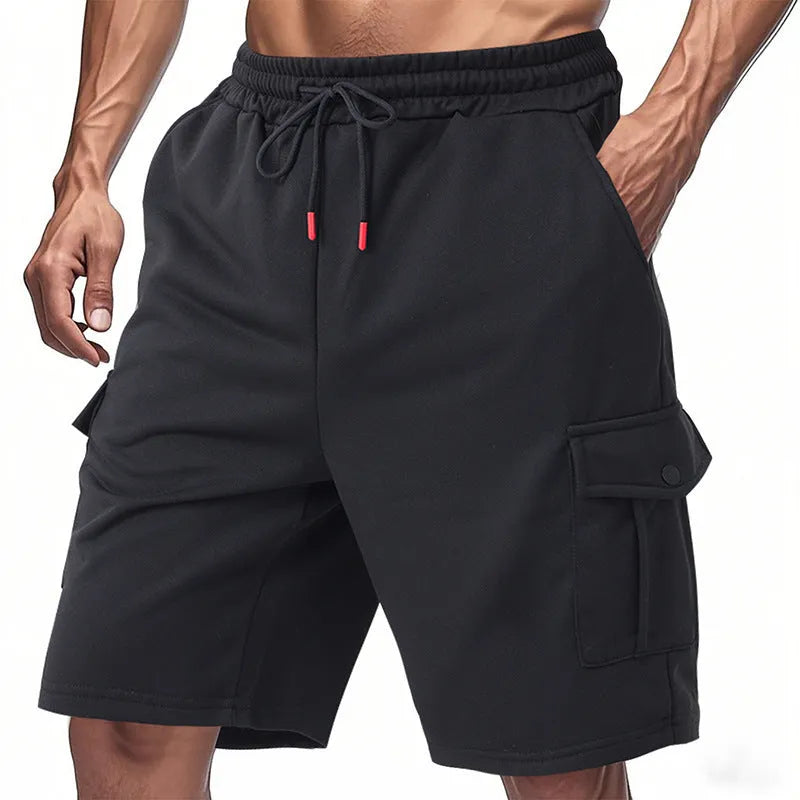 Men's heavy loose casual multi-pocket cargo shorts in light grey ring towel fabric