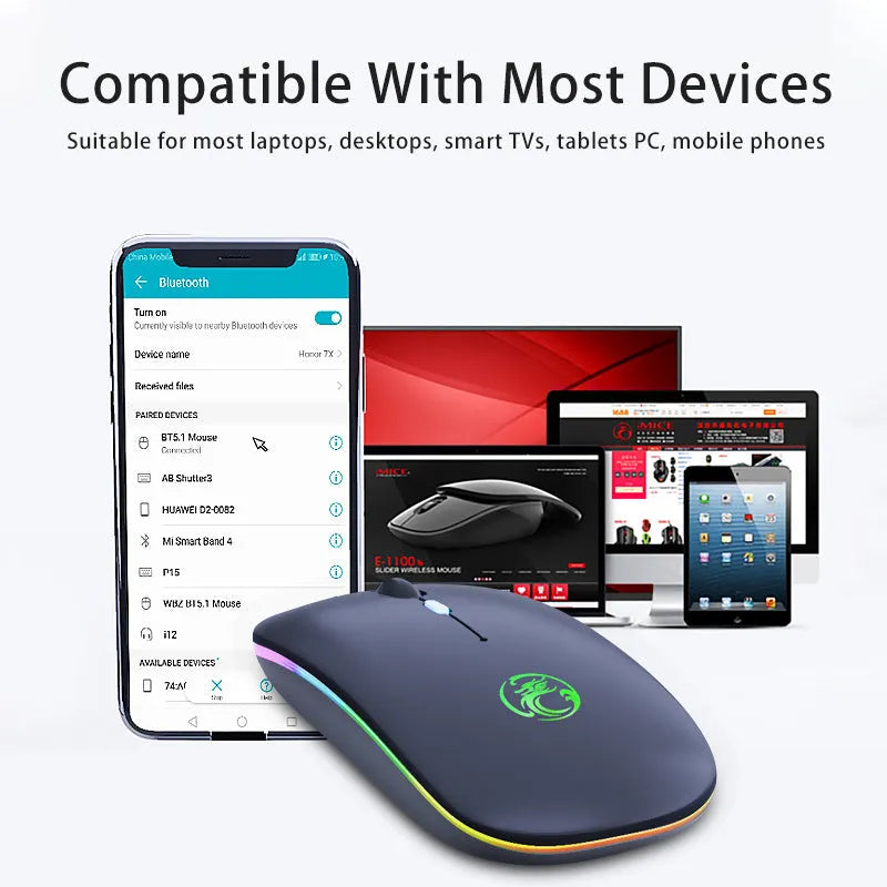 Black and white dual-mode wireless silent mouse with luminous charging indicator and adjustable DPI switch