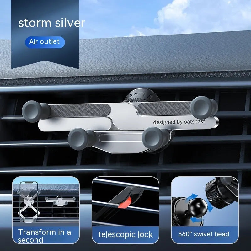 Aluminium alloy car phone mount bracket showing air vent and paste mounting versions in three colours