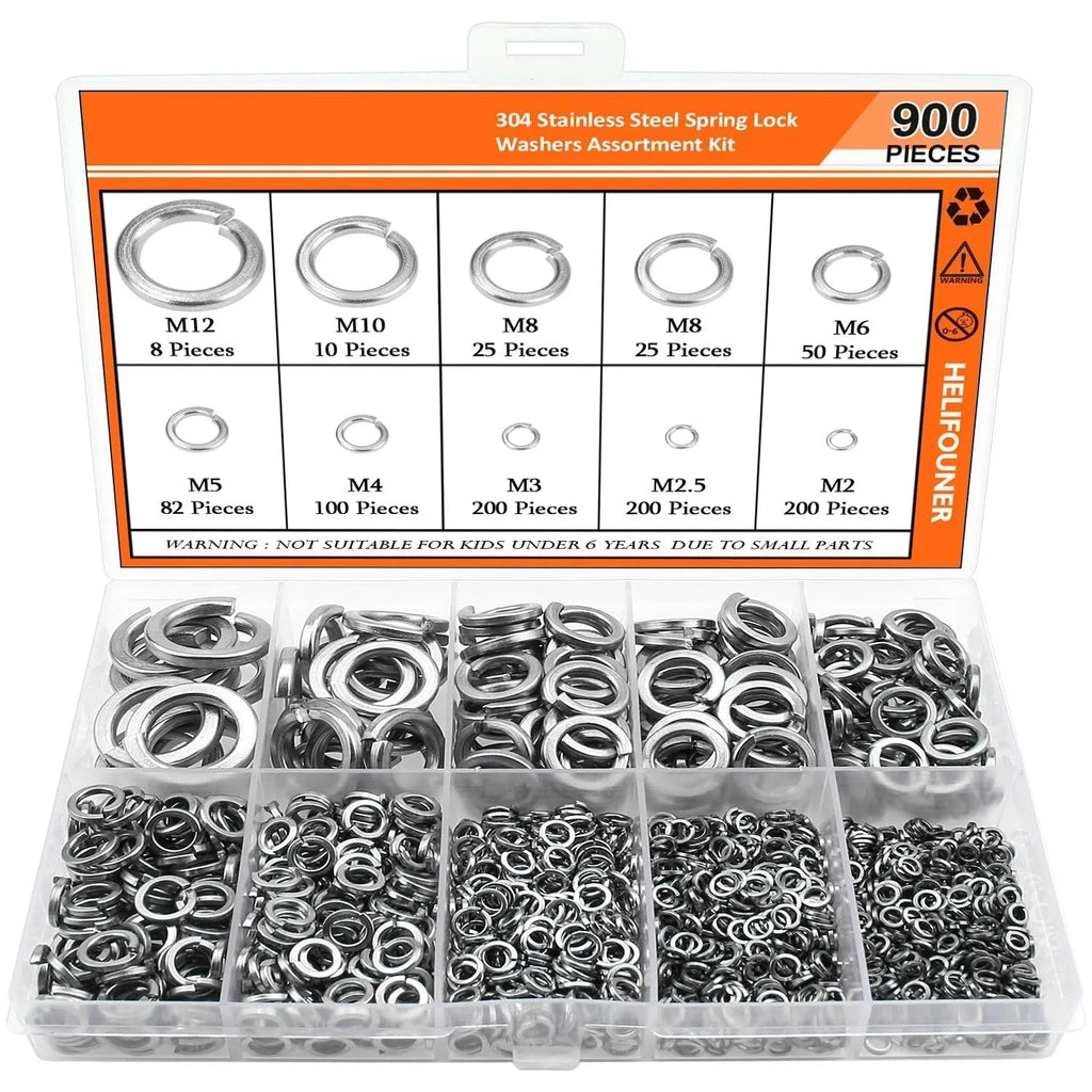 304 stainless steel spring lock washer combination box with 900 pieces for M2 to M12 applications