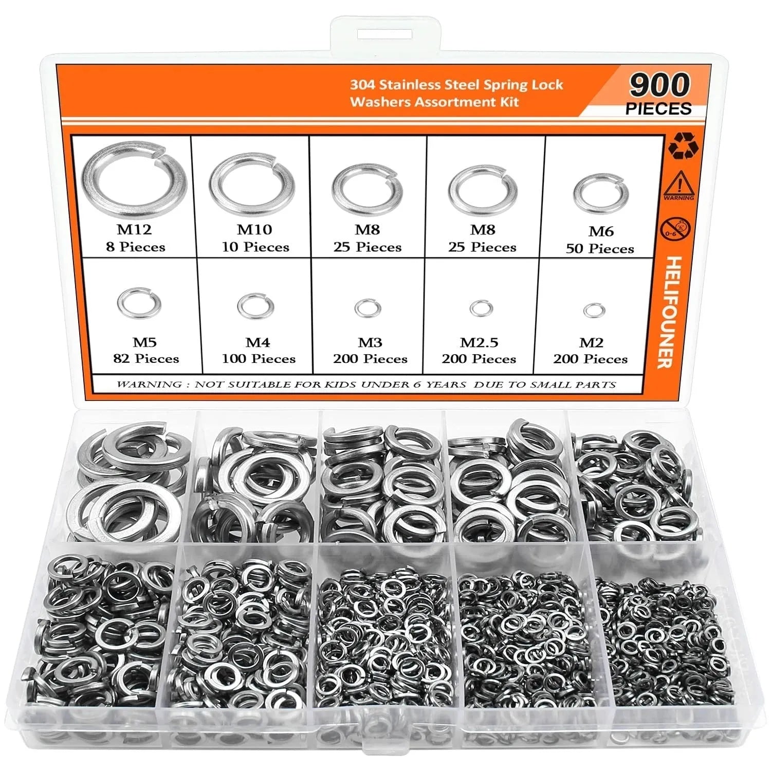 304 stainless steel spring lock washer combination box with 900 pieces for M2 to M12 applications