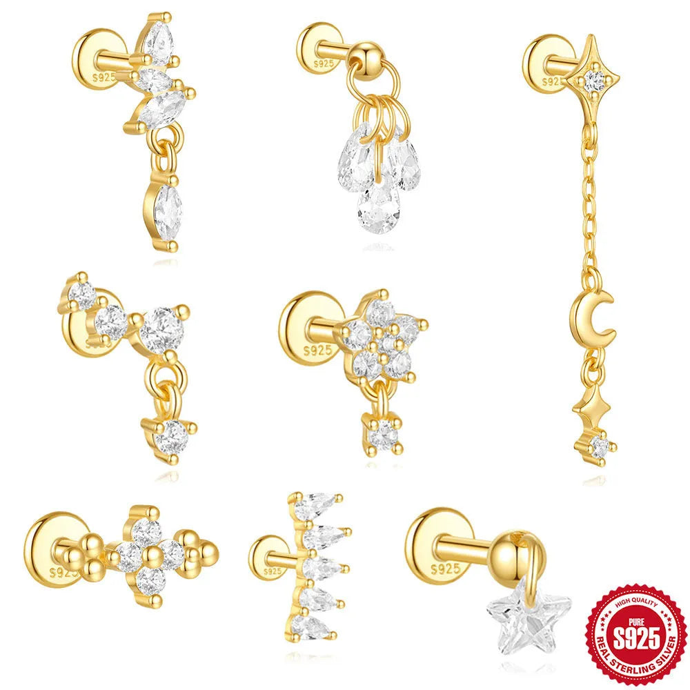 S925 sterling silver geometric star earrings with embedded moon and diamond detail in a gold colour.