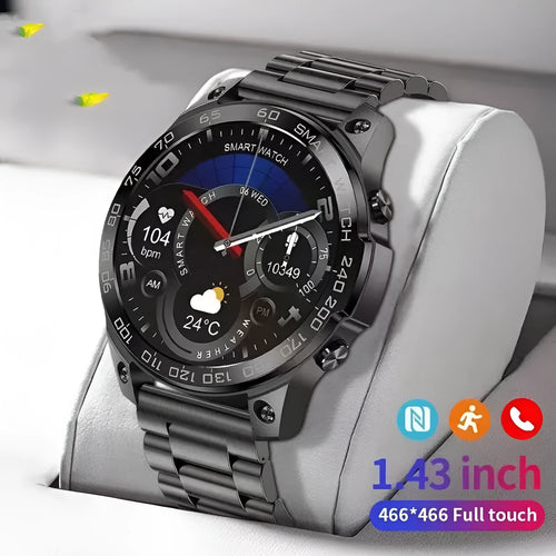 Bluetooth smartwatch with round AMOLED display showing fitness metrics on silicone wristband