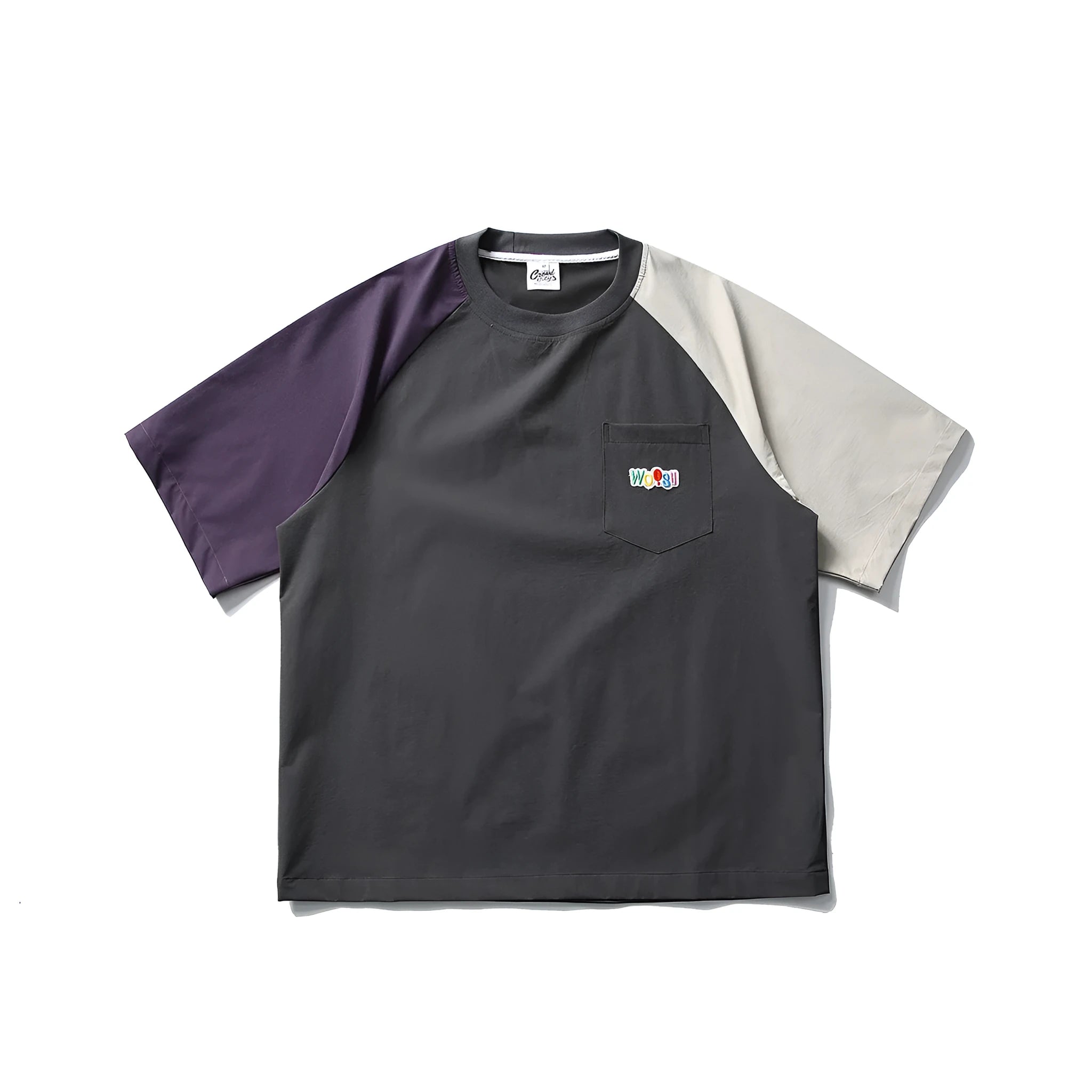 Dark grey men's loose fit t-shirt with contrast colour raglan short sleeves.
