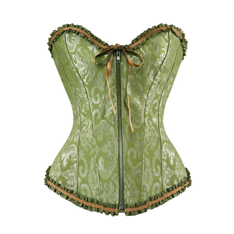 Women's front zip jacquard corset in spandex fabric for waist support and shaping