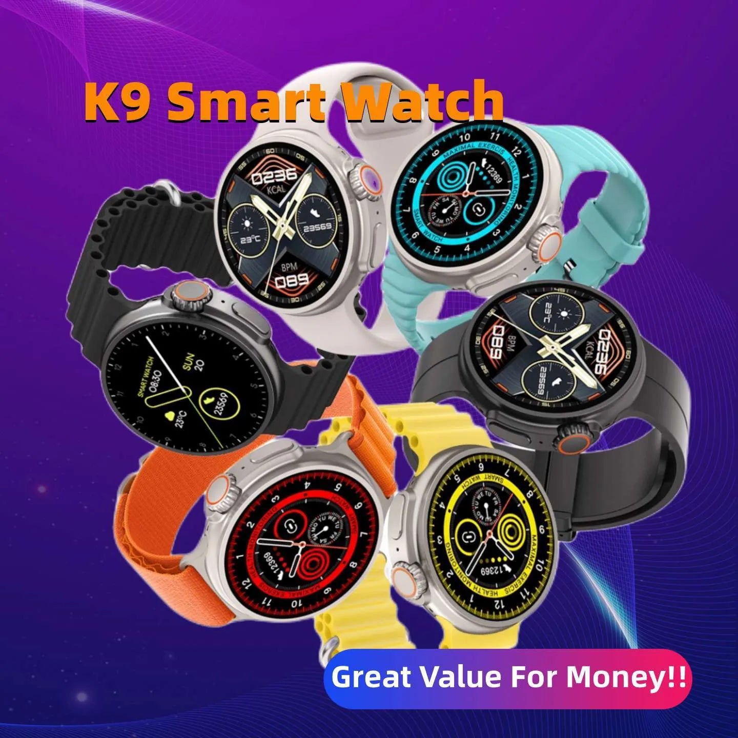 Black K9 smart watch with round screen on a silicone strap, showing a fitness stats dial.