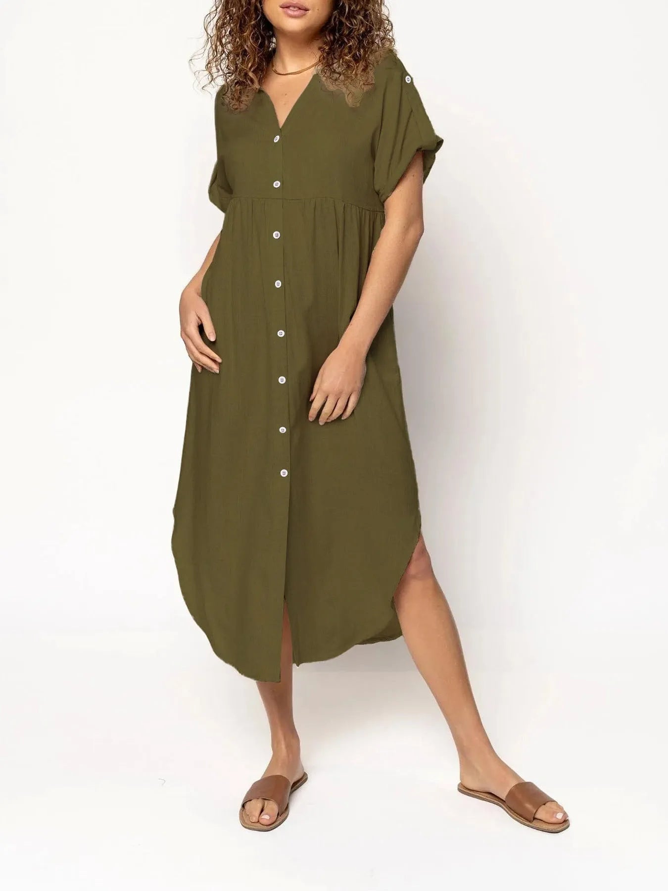 Women's loose-fit mid-length casual dress with button front in a solid colour.