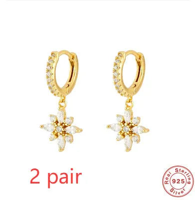 S925 sterling silver diamond snowflake pendant earrings with gemstone inlay in geometric design