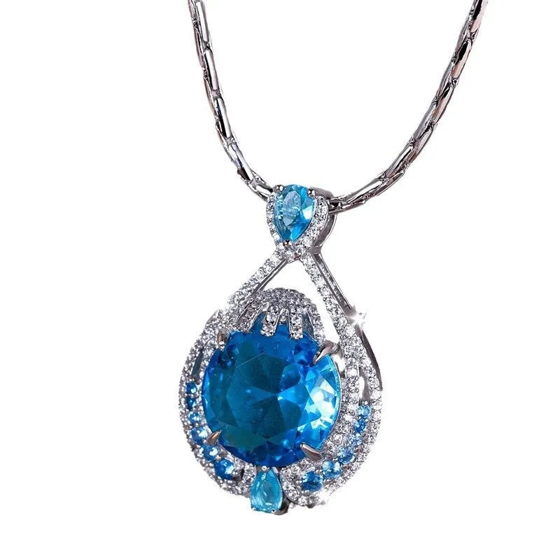 Blue fireworks cut crystal pendant necklace with water wave chain