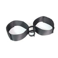 Black knitted sex toy strap for women with adjustable belt and included appliance strap