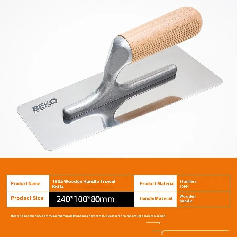 Stainless steel putty scraper with wooden handle for floor and wall decoration work.