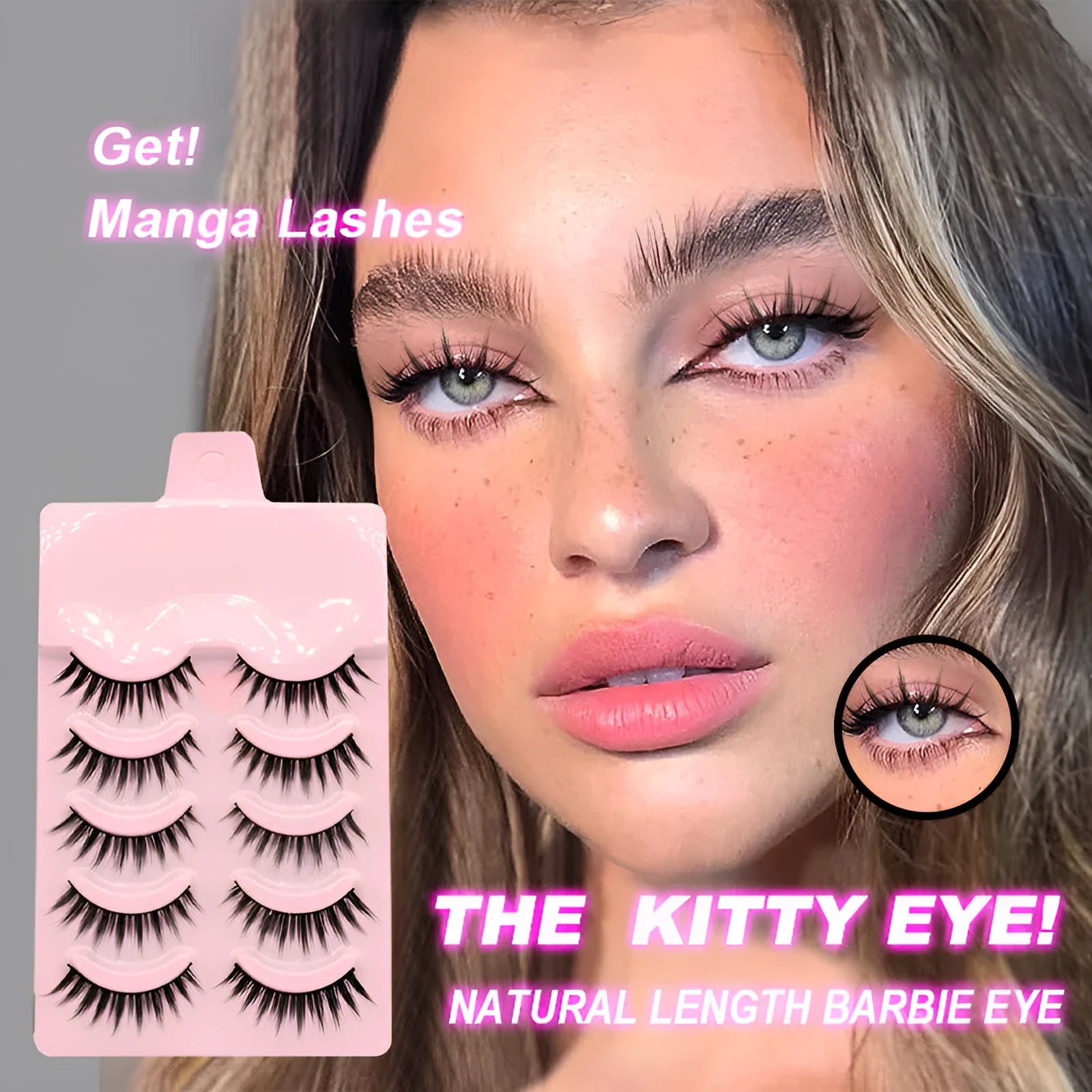 Five pairs of natural wispy false eyelashes on a card for manga anime cosplay and Korean style makeup.