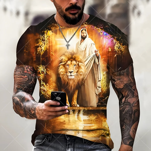 Men's grey T-shirt featuring a detailed 3D raised print of Jesus Christ, with short sleeves and a casual fit.