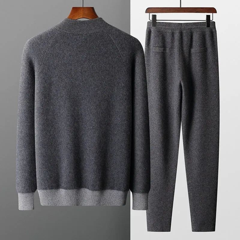 Men's cashmere blend cardigan suit with half turtleneck zip and matching trousers in winter colours