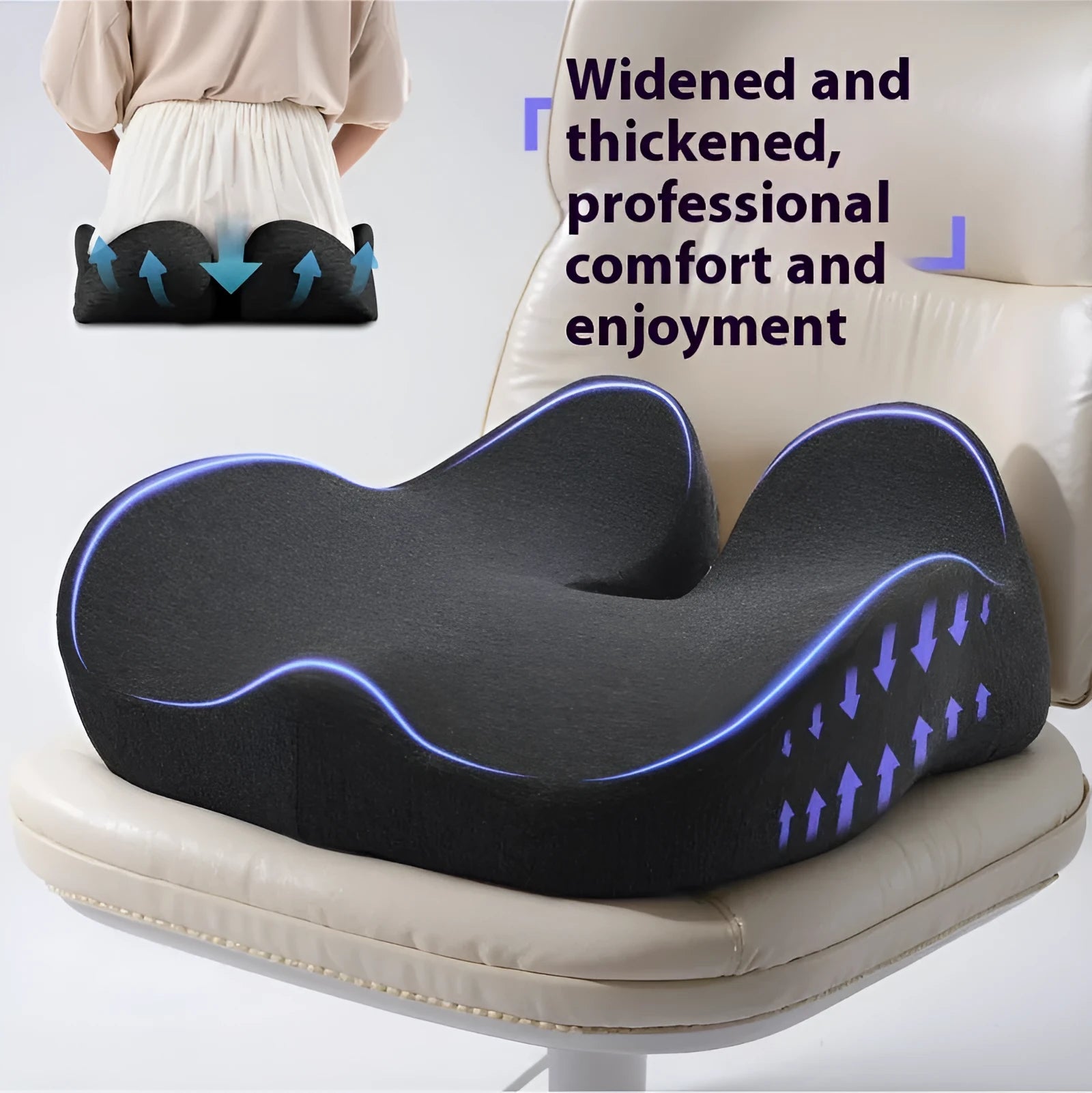 Memory foam office chair cushion in solid colour on chair