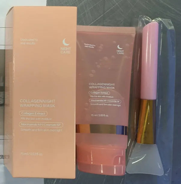 Collagen night face mask bottle with applicator brush for firming and hydration