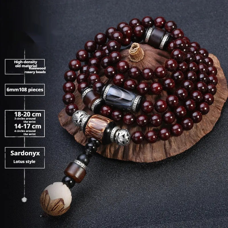 Men's rosewood 108 bead mala bracelet with a turquoise gemstone decorative centrepiece.