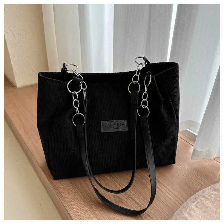 Corduroy one-shoulder tote handbag with large capacity and horizontal square design