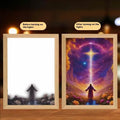 Modern rectangular LED light painting wall art with handmade frame showing illuminated design