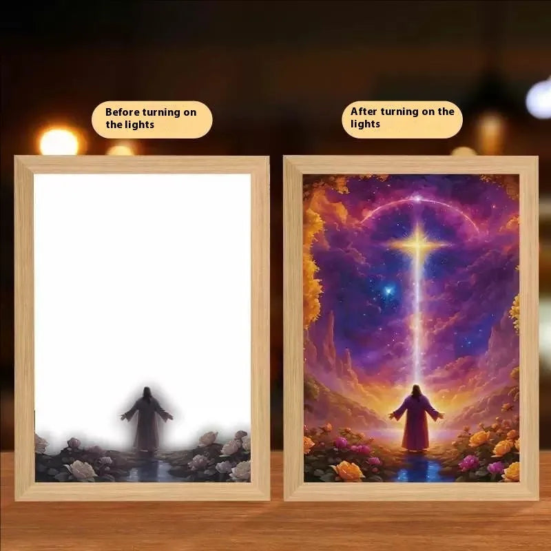 Modern rectangular LED light painting wall art with handmade frame showing illuminated design