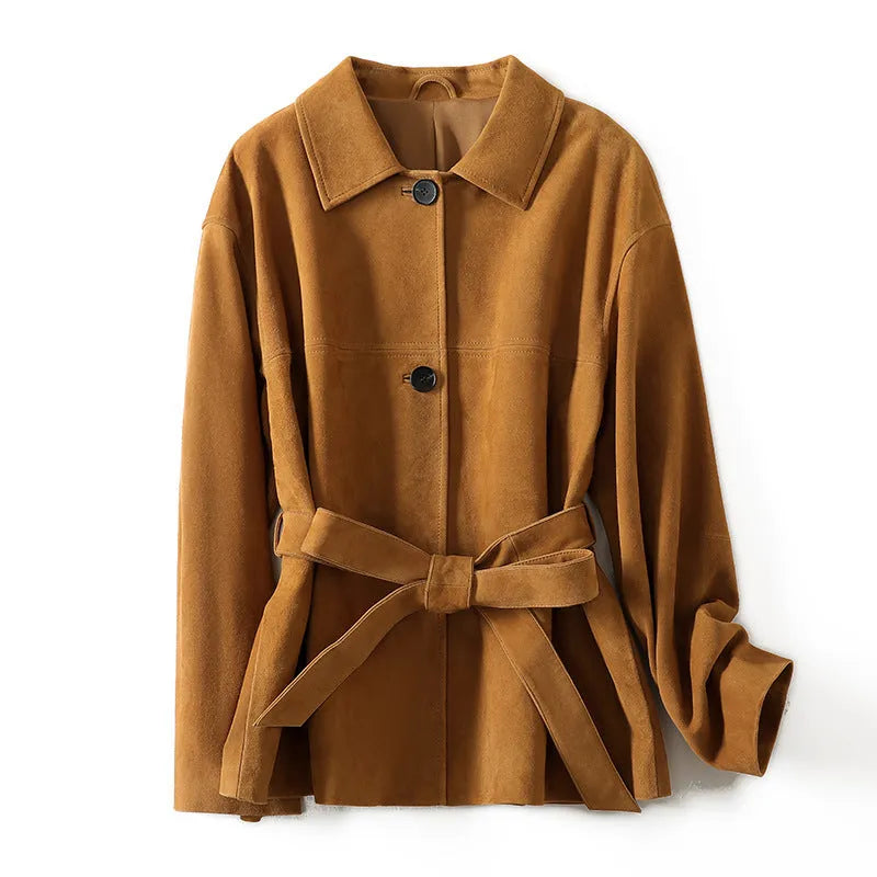 Women's caramel mocha cashmere coat with Peter Pan collar and leather belt in art retro style