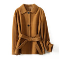 Women's caramel mocha cashmere coat with Peter Pan collar and leather belt in art retro style