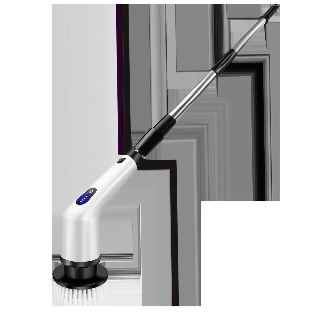 White lithium rechargeable handheld cleaning ball with brush and accessories on a white background.