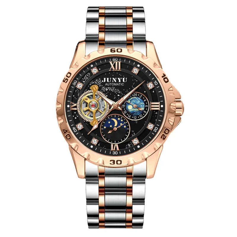 Men's automatic mechanical watch with luminous hands on a black starry sky dial and rose gold case