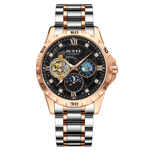 Men's automatic mechanical watch with luminous hands on a black starry sky dial and rose gold case