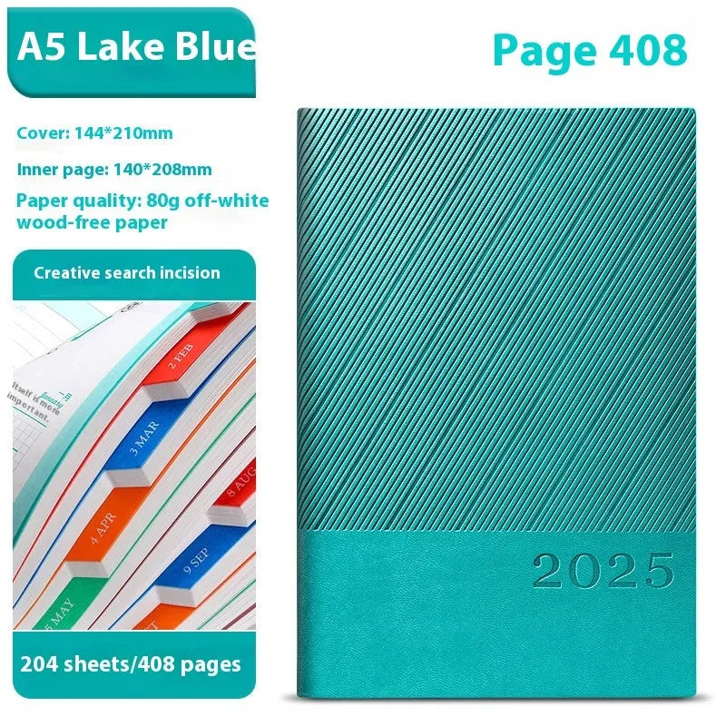 A4 striped PU leather business notepad open showing 80g wood-free paper