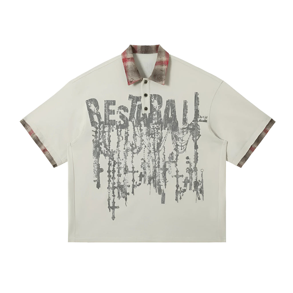 Men's loose blue cotton top with graffiti print and asymmetric streetwear design
