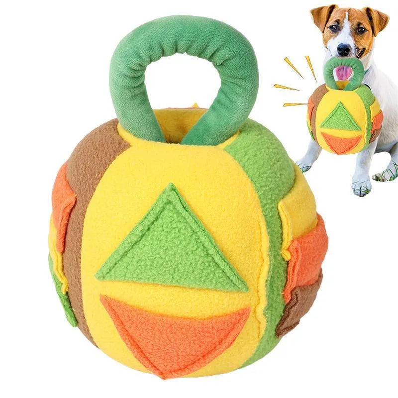 Green plush ball dog toy with multiple treat pockets and squeaker for small to medium dogs