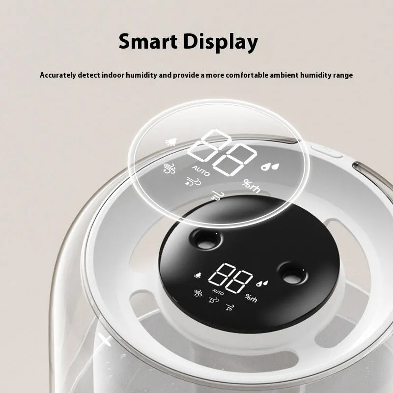 Beige round USB humidifier with dual spray outlets, humidity display and 3.7L capacity