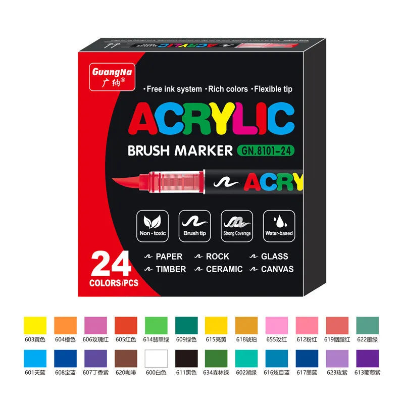 Straight acrylic marker pens with soft tips in multiple colours arranged by set size