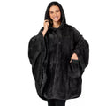 Thick hooded long sleeve bathrobe in black hanging on a hook