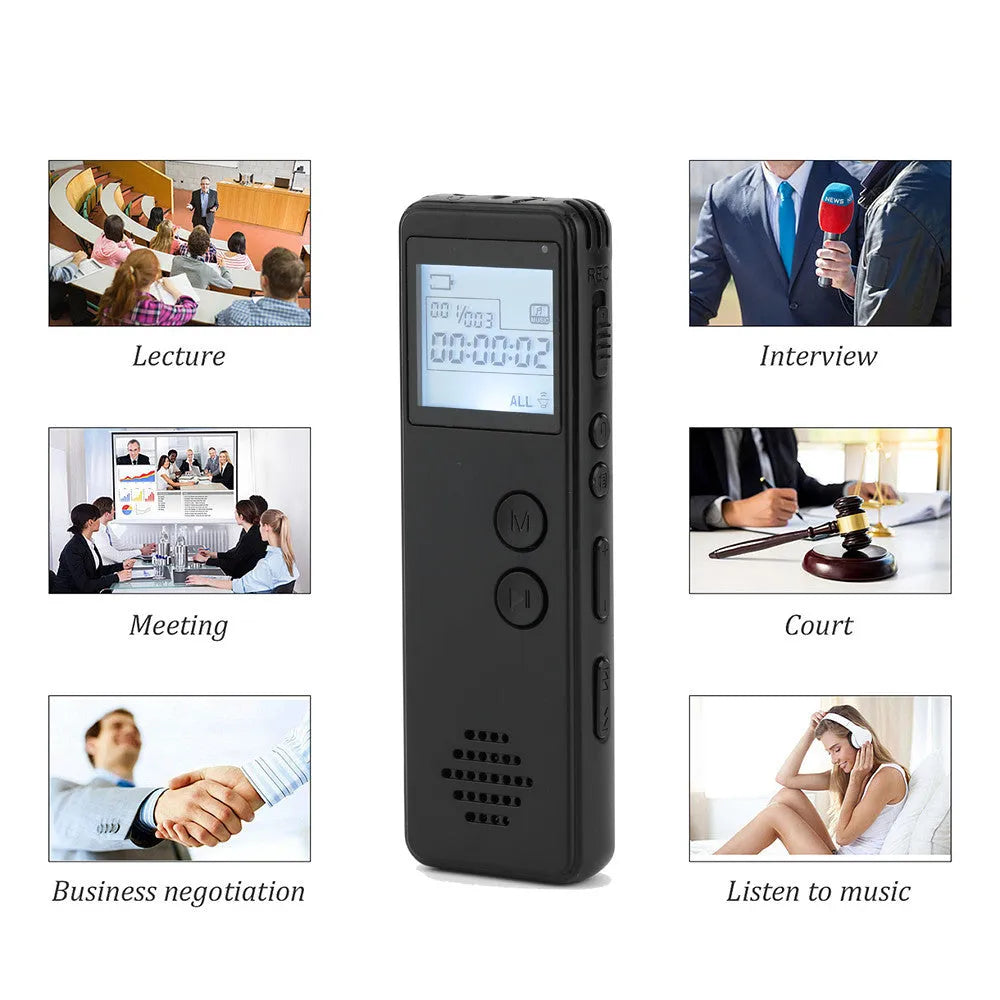 Black digital voice recorder with screen, one-key recording, and USB port for memory expansion.