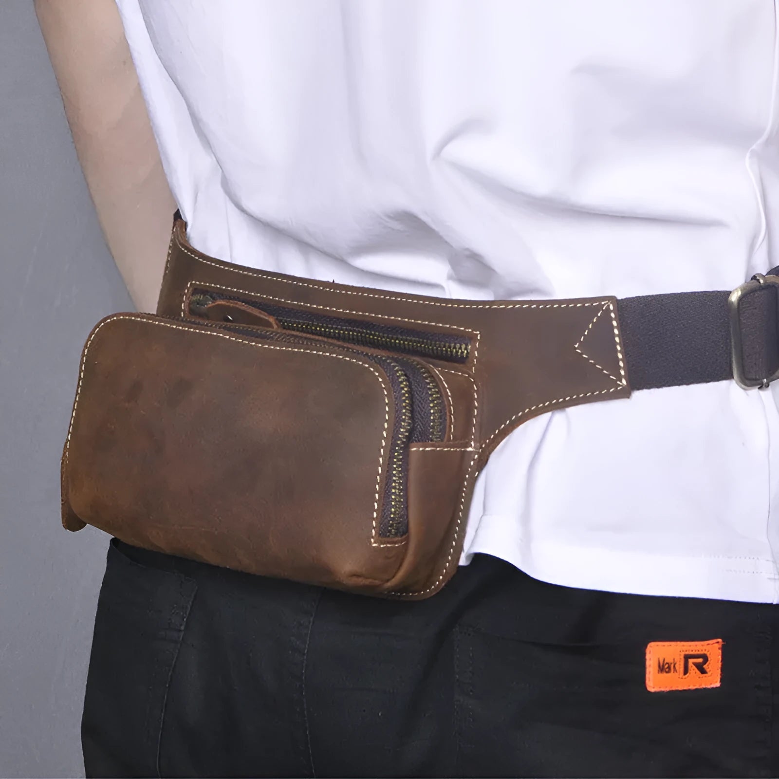 Brown top layer cowhide men's sports waist bag with mobile phone compartment