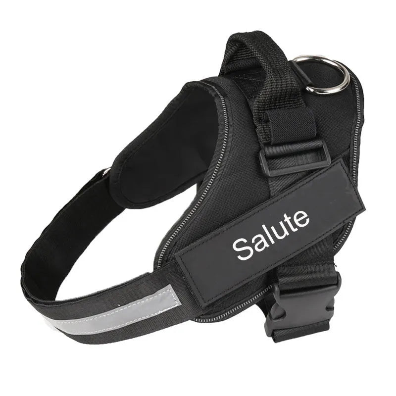 A reflective adjustable no-pull dog harness in a vest style, shown on a dog with a personalised patch.