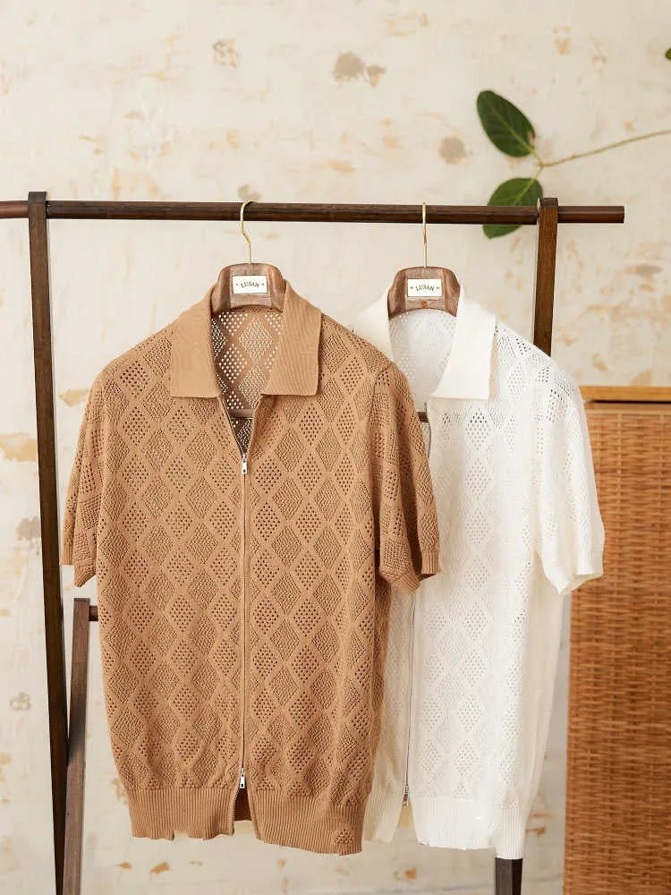 Men's light brown cotton short sleeve cardigan with front zipper and lapel collar showing Asian sizing label